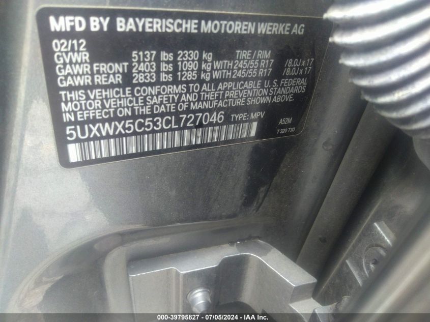 2012 BMW X3 xDrive28I VIN: 5UXWX5C53CL727046 Lot: 39795827