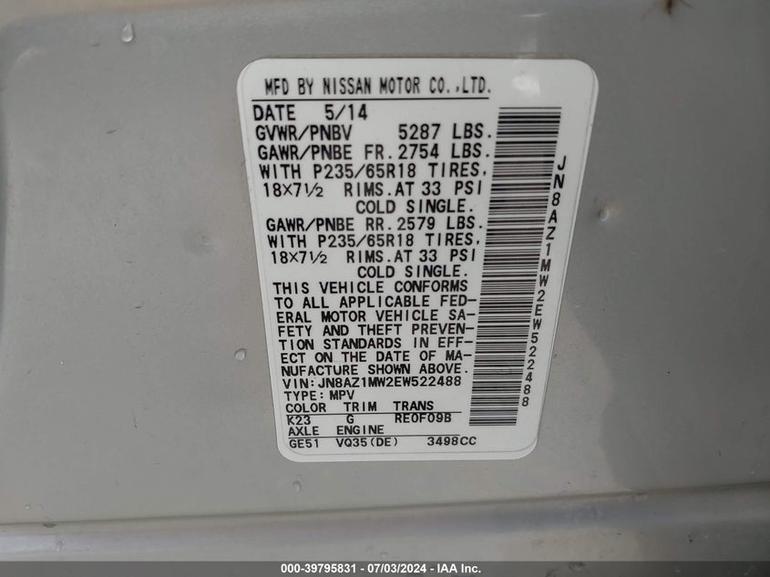 2014 Nissan Murano Sl VIN: JN8AZ1MW2EW522488 Lot: 39795831