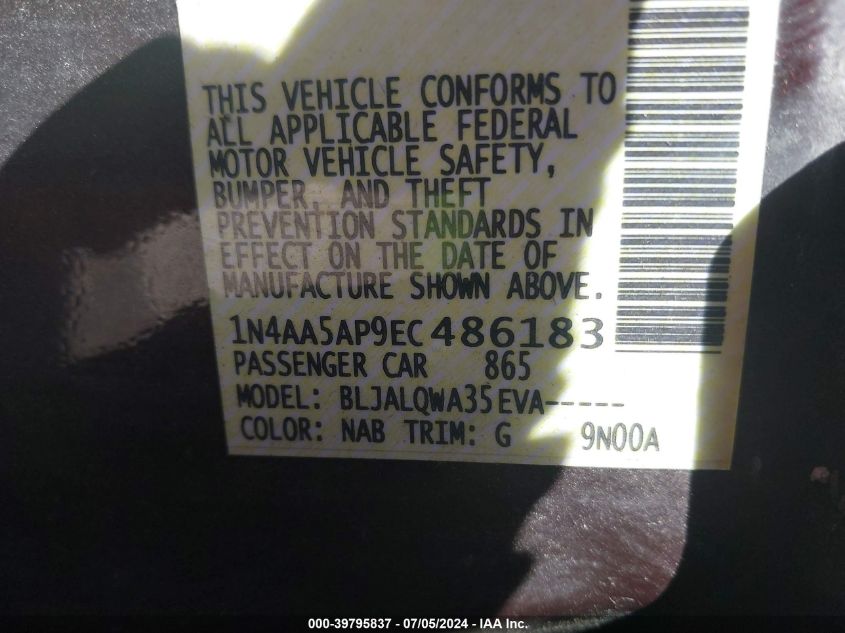 2014 Nissan Maxima 3.5 S/3.5 Sv VIN: 1N4AA5AP9EC486183 Lot: 39795837