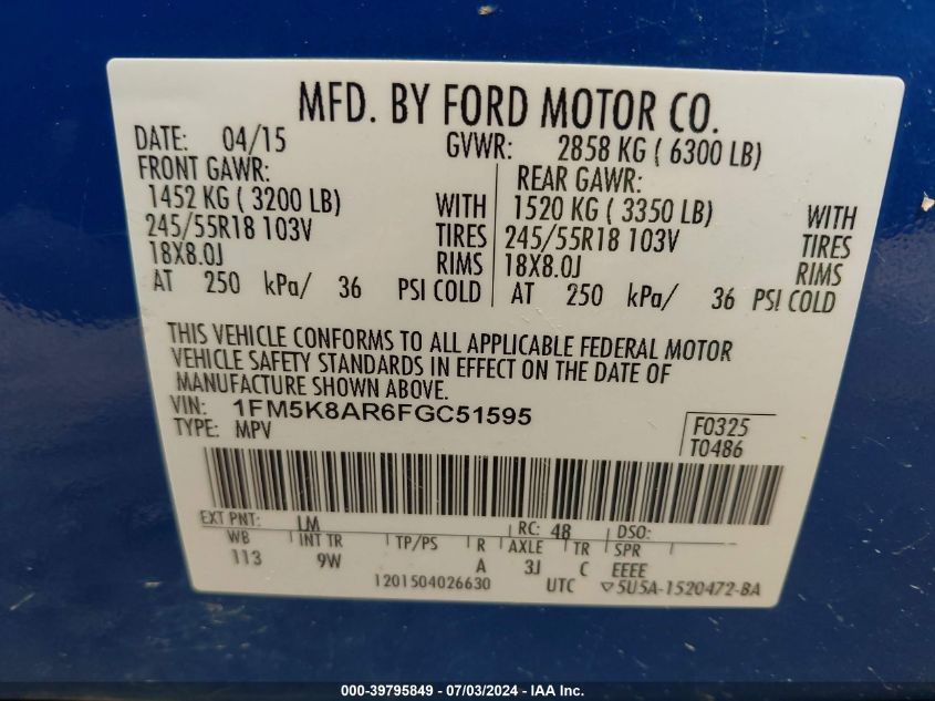 2015 Ford Explorer Police Interceptor VIN: 1FM5K8AR6FGC51595 Lot: 39795849