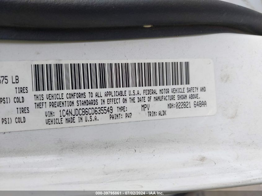 2012 Jeep Compass Limited VIN: 1C4NJDCB6CD635549 Lot: 39795861