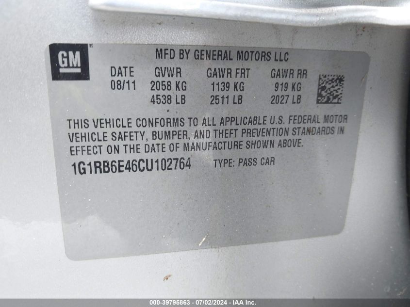 2012 Chevrolet Volt VIN: 1G1RB6E46CU102764 Lot: 39795863