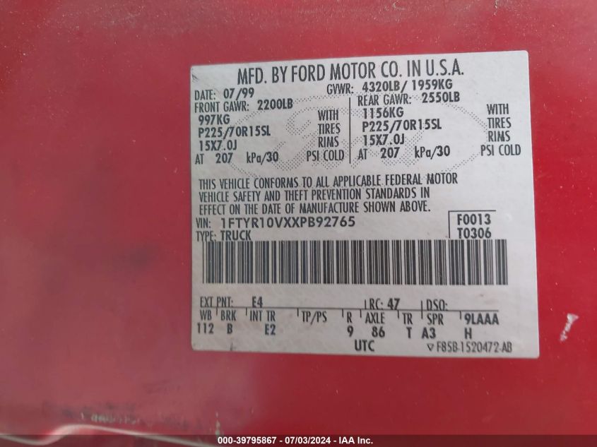 1999 Ford Ranger Xl/Xlt VIN: 1FTYR10VXXPB92765 Lot: 39795867