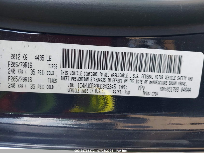 2014 Jeep Compass Sport VIN: 1C4NJCBA3ED843345 Lot: 39795872