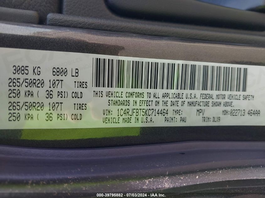 2019 Jeep Grand Cherokee Limited 4X4 VIN: 1C4RJFBT5KC714464 Lot: 39795882