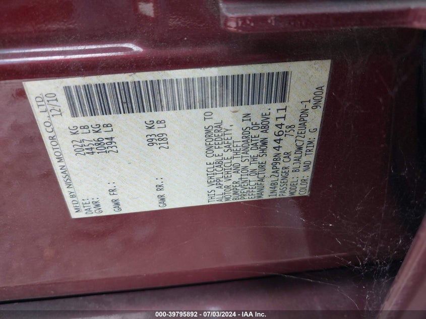 2011 Nissan Altima 3.5 Sr VIN: 1N4BL2AP9BN446411 Lot: 39795892