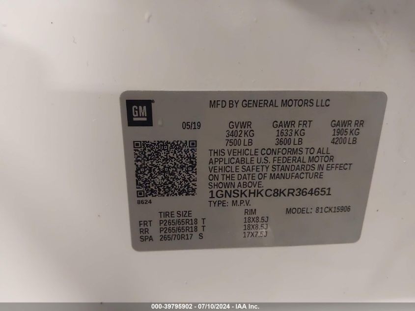 2019 Chevrolet Suburban K1500 Lt VIN: 1GNSKHKC8KR364651 Lot: 39795902
