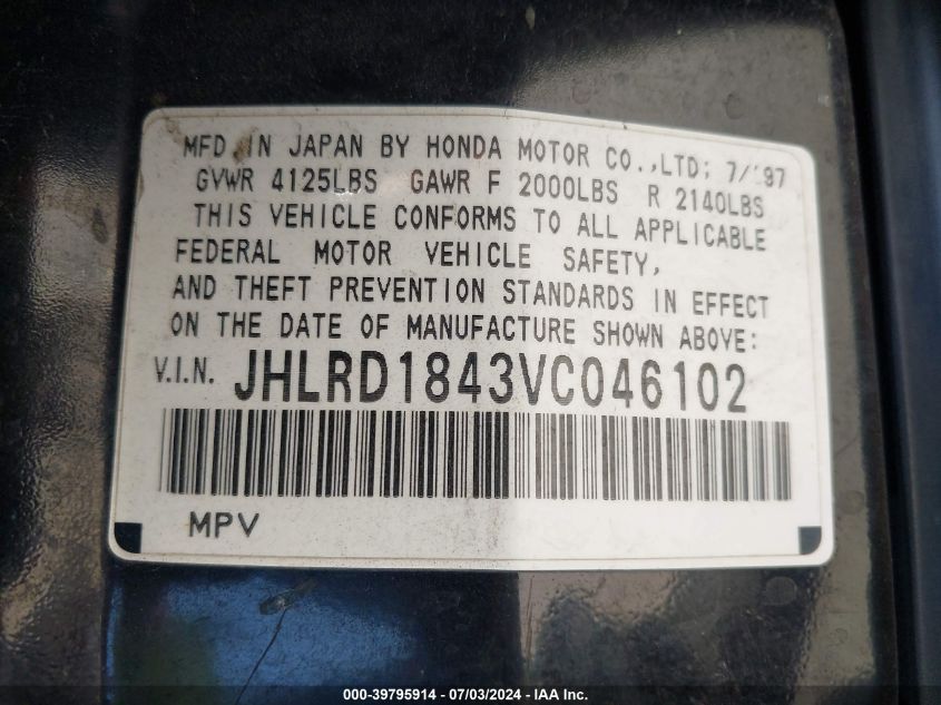 1997 Honda Cr-V VIN: JHLRD1843VC046102 Lot: 39795914