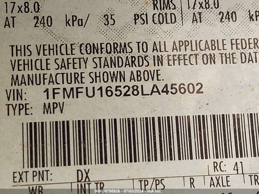 2008 Ford Expedition Xlt VIN: 1FMFU16528LA45602 Lot: 39795926