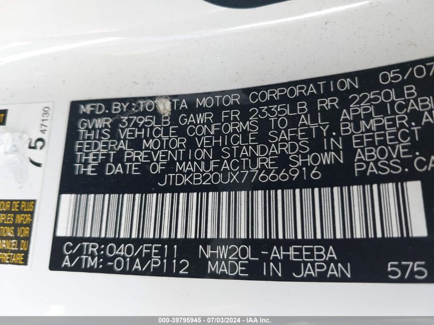 2007 Toyota Prius VIN: JTDKB20UX77666916 Lot: 39795945