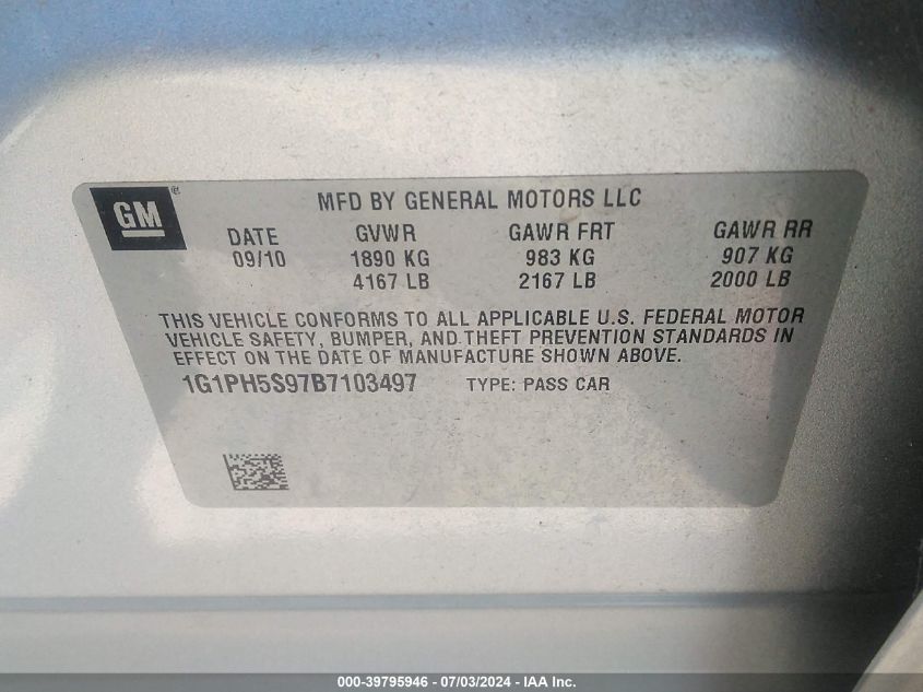 2011 Chevrolet Cruze Ltz VIN: 1G1PH5S97B7103497 Lot: 39795946