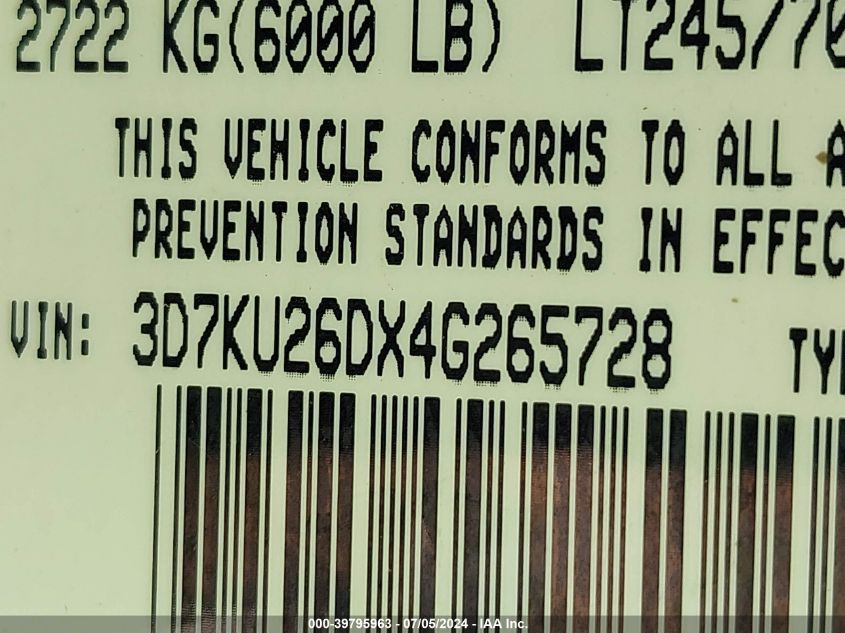 2004 Dodge Ram 2500 St VIN: 3D7KU26DX4G265728 Lot: 39795963