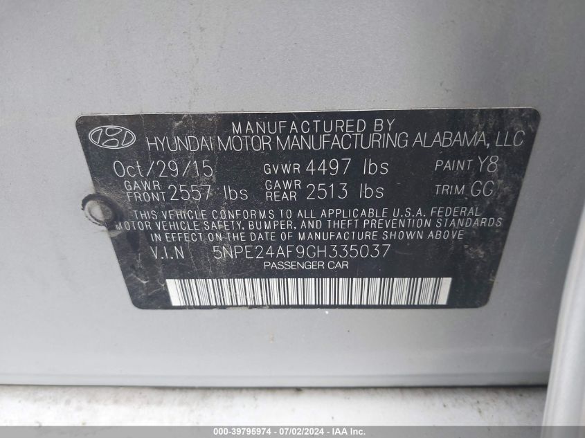 2016 Hyundai Sonata Se VIN: 5NPE24AF9GH335037 Lot: 39795974