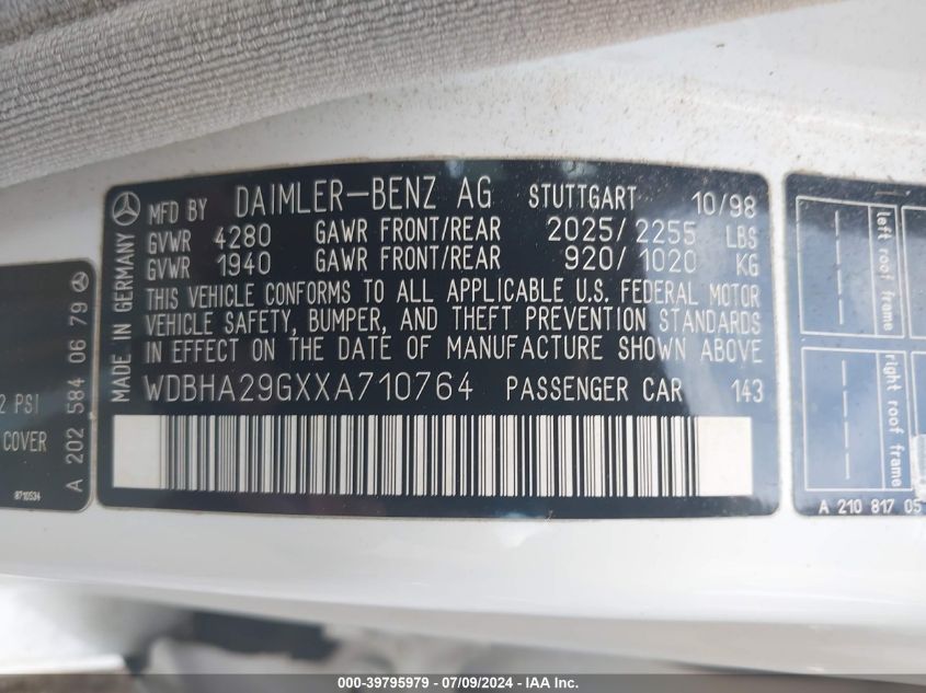 1999 Mercedes-Benz C 280 VIN: WDBHA29GXXA710764 Lot: 39795979