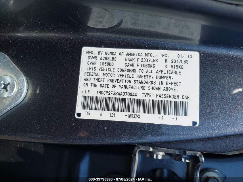 2010 Honda Accord 2.4 Lx VIN: 1HGCP2F38AA078044 Lot: 39795990
