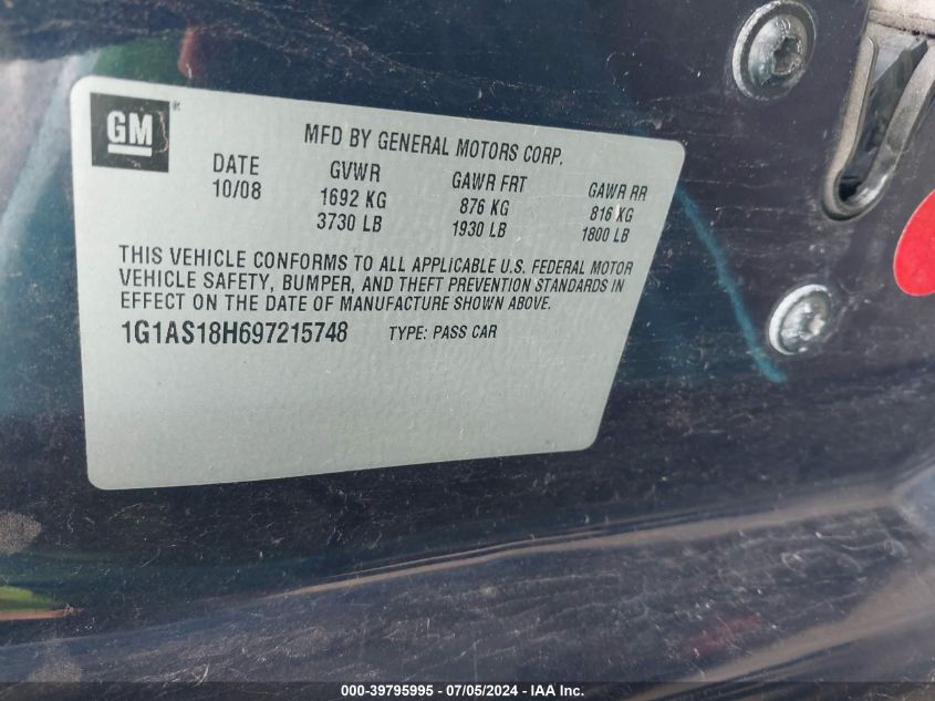 2009 Chevrolet Cobalt Ls VIN: 1G1AS18H697215748 Lot: 39795995