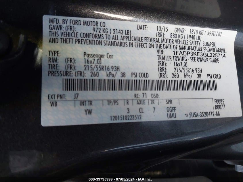 2016 Ford Focus Se VIN: 1FADP3KE3GL225714 Lot: 39795999