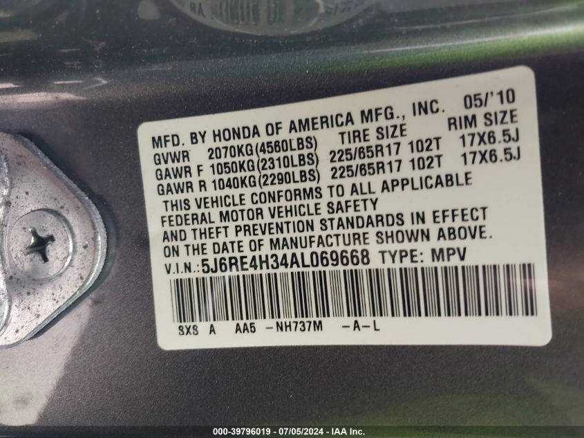 2010 Honda Cr-V Lx VIN: 5J6RE4H34AL069668 Lot: 39796019
