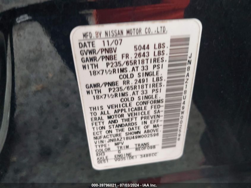 2009 Nissan Murano S VIN: JN8AZ18U49W002596 Lot: 39796021