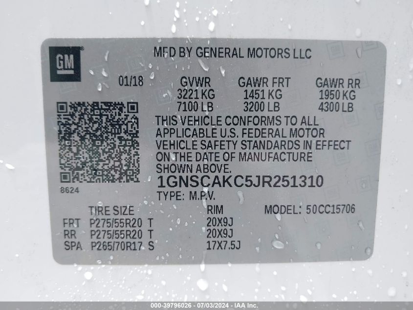 2018 Chevrolet Tahoe Ls VIN: 1GNSCAKC5JR251310 Lot: 39796026