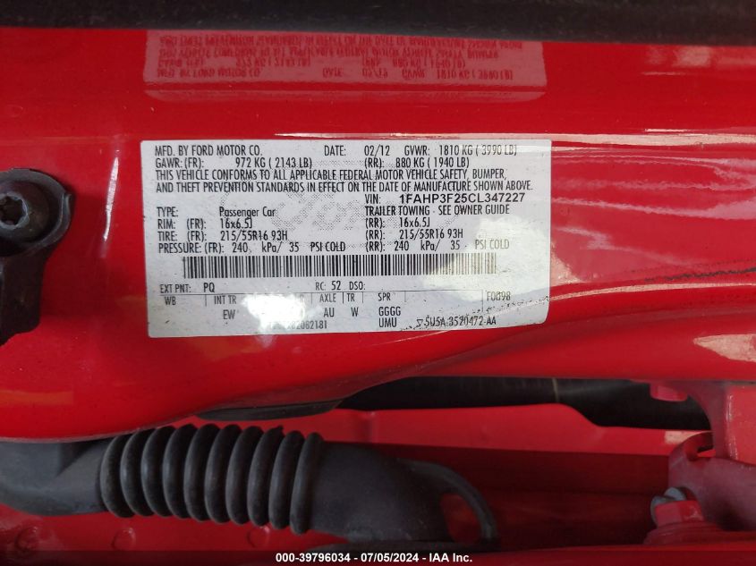 2012 Ford Focus Se VIN: 1FAHP3F25CL347227 Lot: 39796034