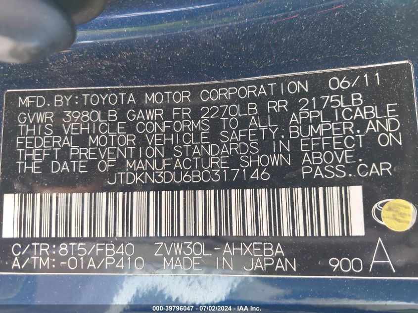 2011 Toyota Prius Three VIN: JTDKN3DU6B0317146 Lot: 39796047