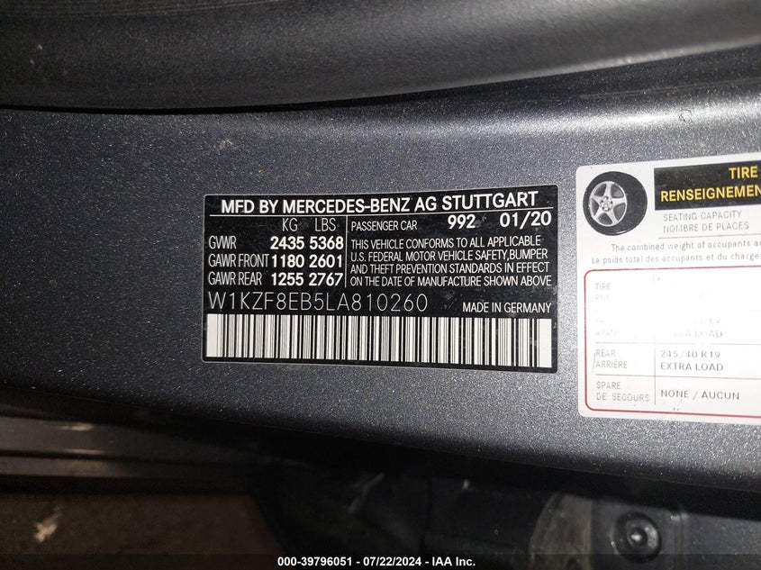 VIN W1KZF8EB5LA810260 2020 MERCEDES-BENZ E 350 4MATIC