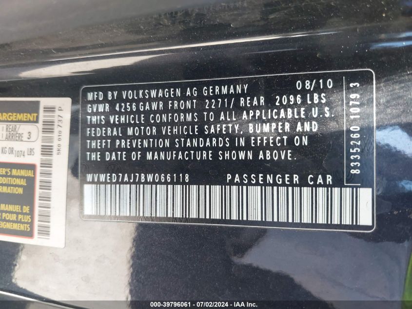 2011 Volkswagen Gti 2-Door VIN: WVWED7AJ7BW066118 Lot: 39796061