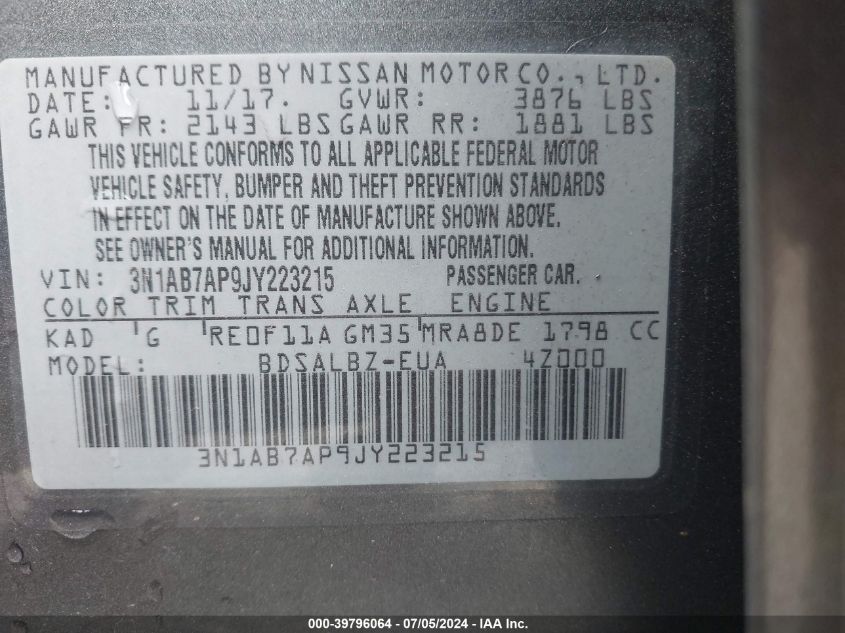 2018 Nissan Sentra S VIN: 3N1AB7AP9JY223215 Lot: 39796064