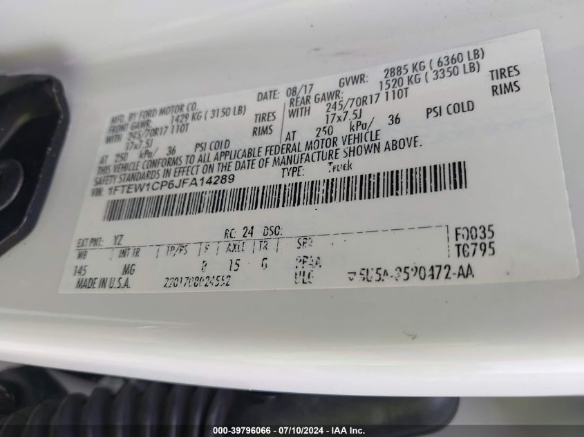 2018 Ford F-150 Xlt VIN: 1FTEW1CP6JFA14289 Lot: 39796066