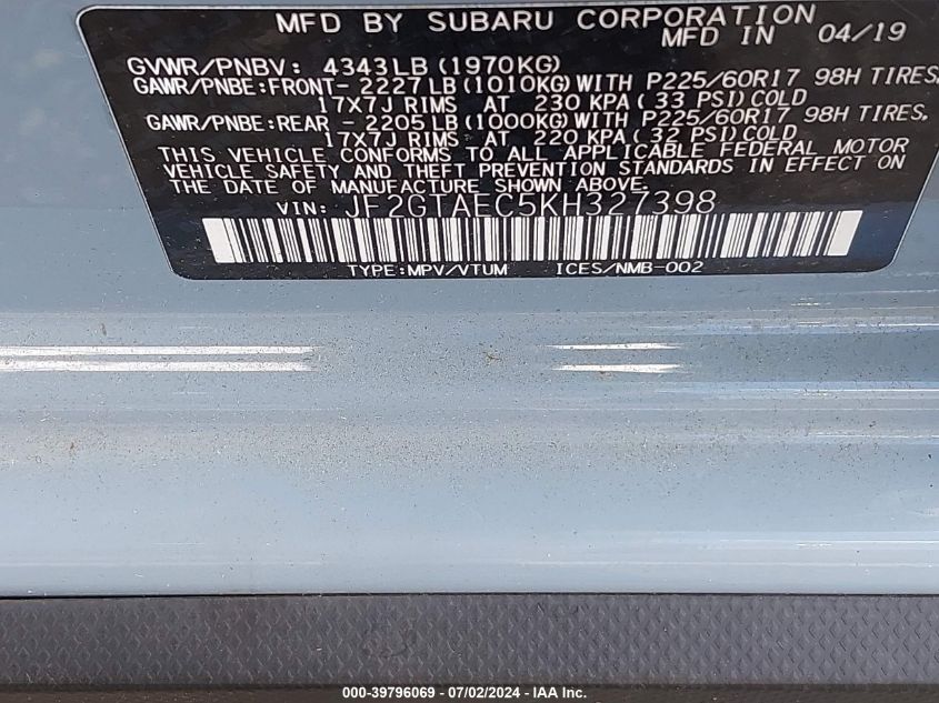 2019 SUBARU CROSSTREK 2.0I PREMIUM - JF2GTAEC5KH327398