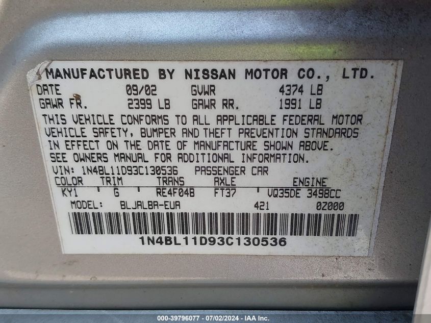 2003 Nissan Altima 3.5 Se VIN: 1N4BL11D93C130536 Lot: 39796077