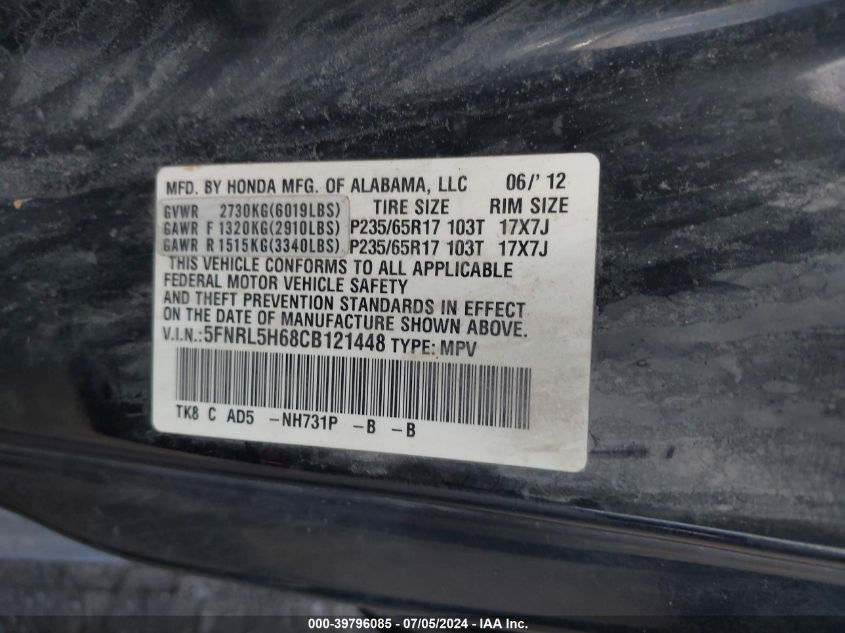 2012 Honda Odyssey Ex-L VIN: 5FNRL5H68CB121448 Lot: 39796085