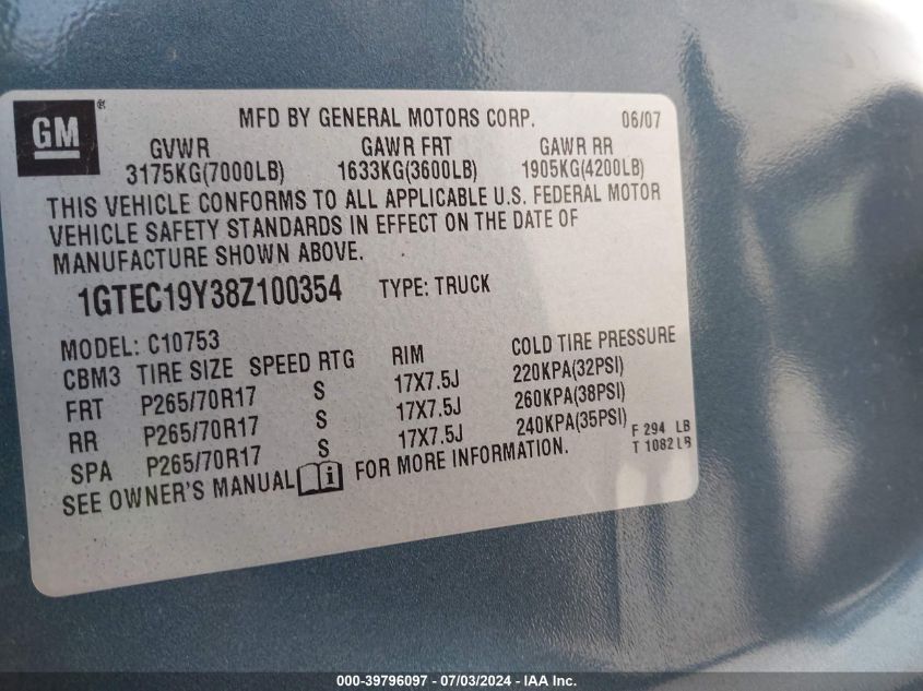 2008 GMC Sierra 1500 Sle2 VIN: 1GTEC19Y38Z100354 Lot: 39796097