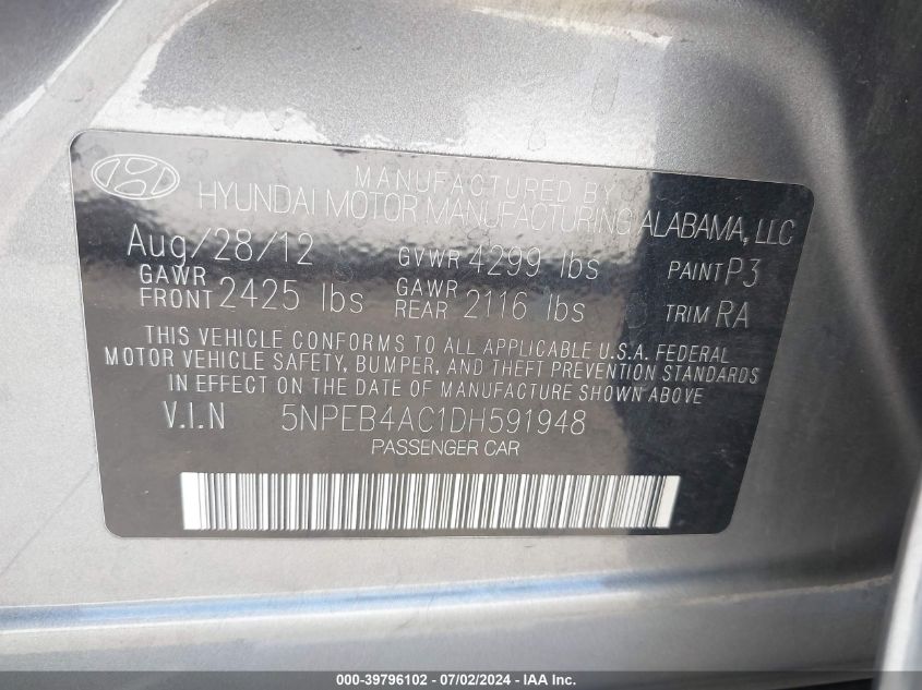 2013 Hyundai Sonata Gls VIN: 5NPEB4AC1DH591948 Lot: 39796102