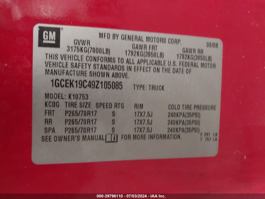 2009 Chevrolet Silverado 1500 Work Truck VIN: 1GCEK19C49Z105085 Lot: 39796110