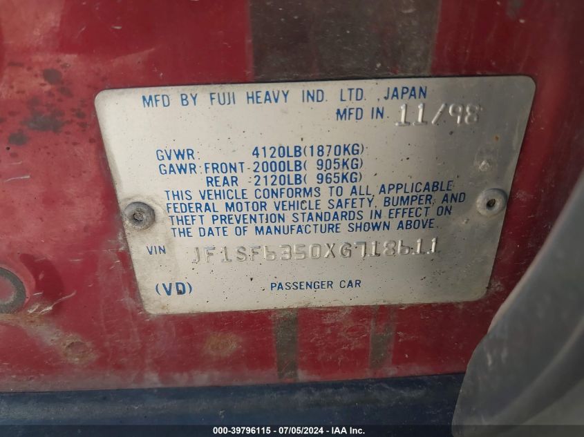 1999 Subaru Forester L VIN: JF1SF6350XG718611 Lot: 39796115