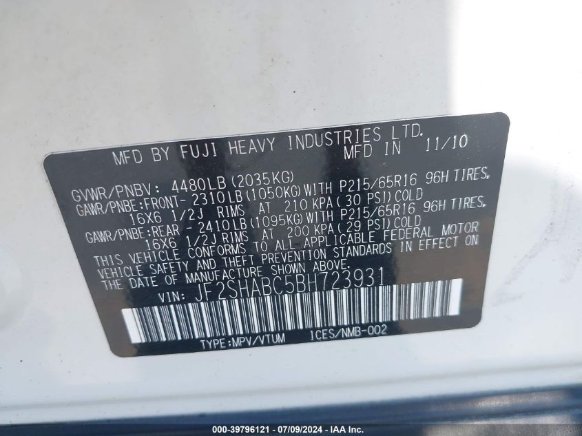 2011 Subaru Forester 2.5X VIN: JF2SHABC5BH723931 Lot: 39796121