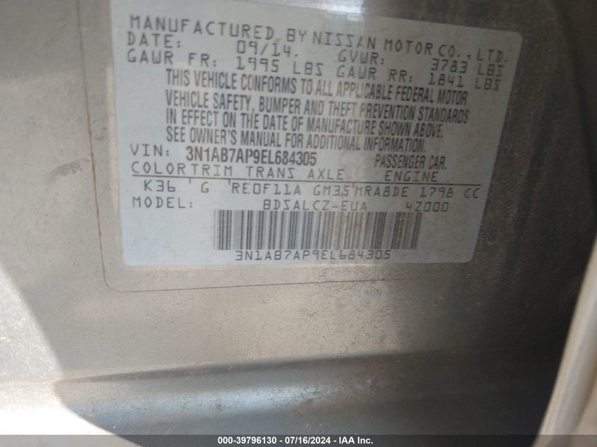 2014 Nissan Sentra S VIN: 3N1AB7AP9EL684305 Lot: 39796130