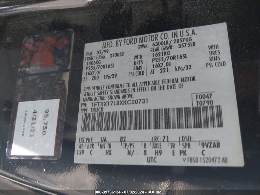 1999 Ford F-150 Lariat/Xl/Xlt VIN: 1FTRX17L8XKC00731 Lot: 39796134