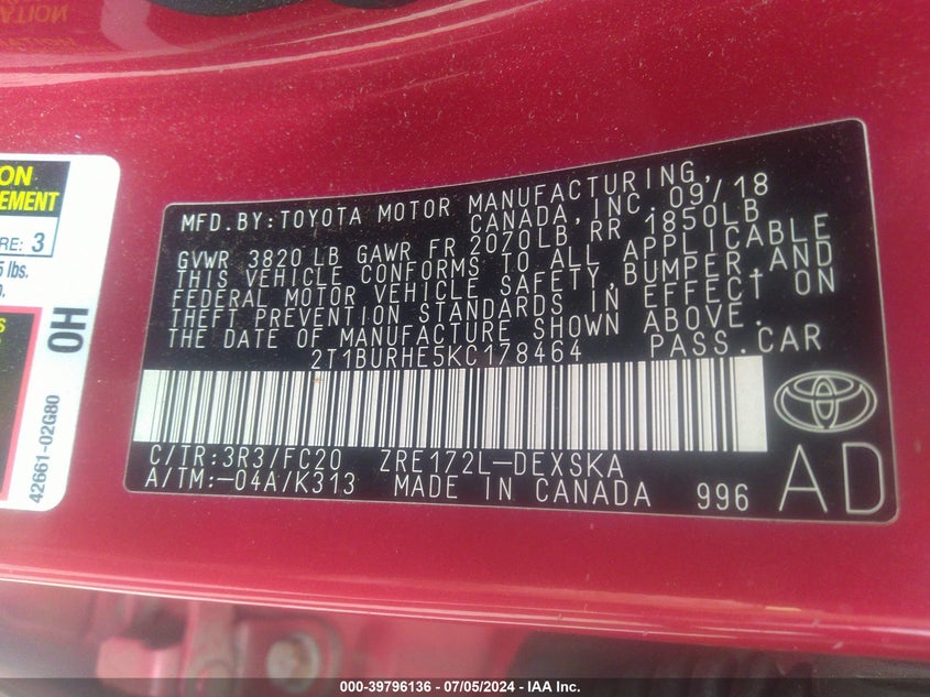 VIN 2T1BURHE5KC178464 2019 TOYOTA COROLLA SE