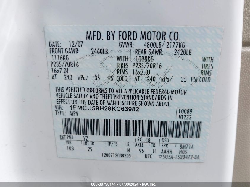 2008 Ford Escape Hybrid VIN: 1FMCU59H28KC63982 Lot: 39796141