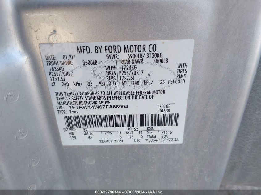 2007 Ford F-150 Xlt VIN: 1FTRW14W67FA68904 Lot: 39796144