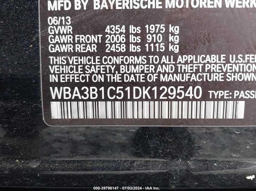 2013 BMW 320I VIN: WBA3B1C51DK129540 Lot: 39796147