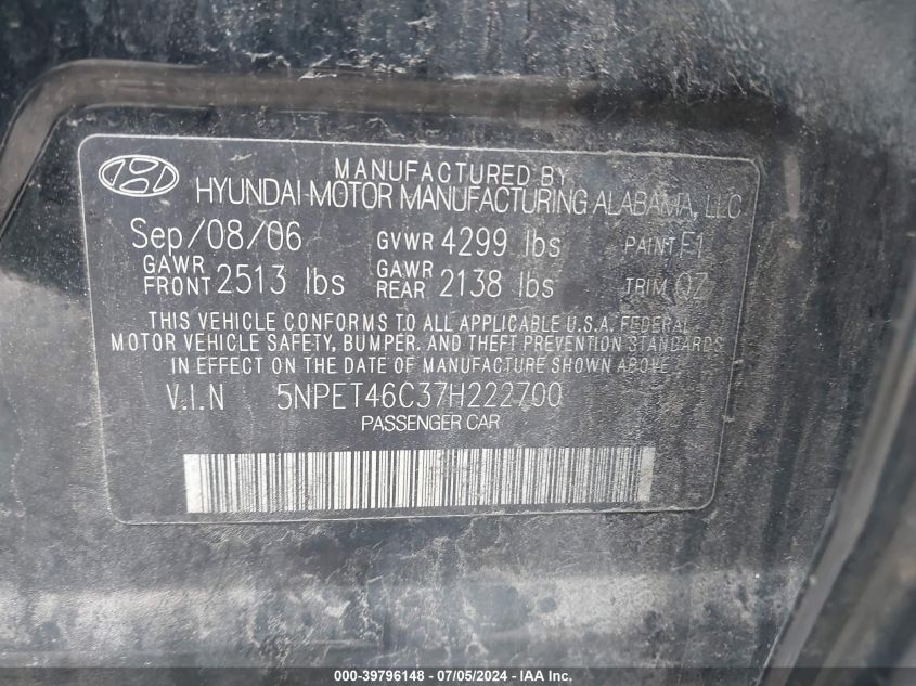 2007 Hyundai Sonata Gls VIN: 5NPET46C37H222700 Lot: 39796148