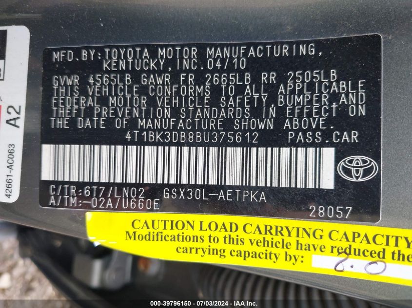 2011 Toyota Avalon Limited VIN: 4T1BK3DB8BU375612 Lot: 39796150