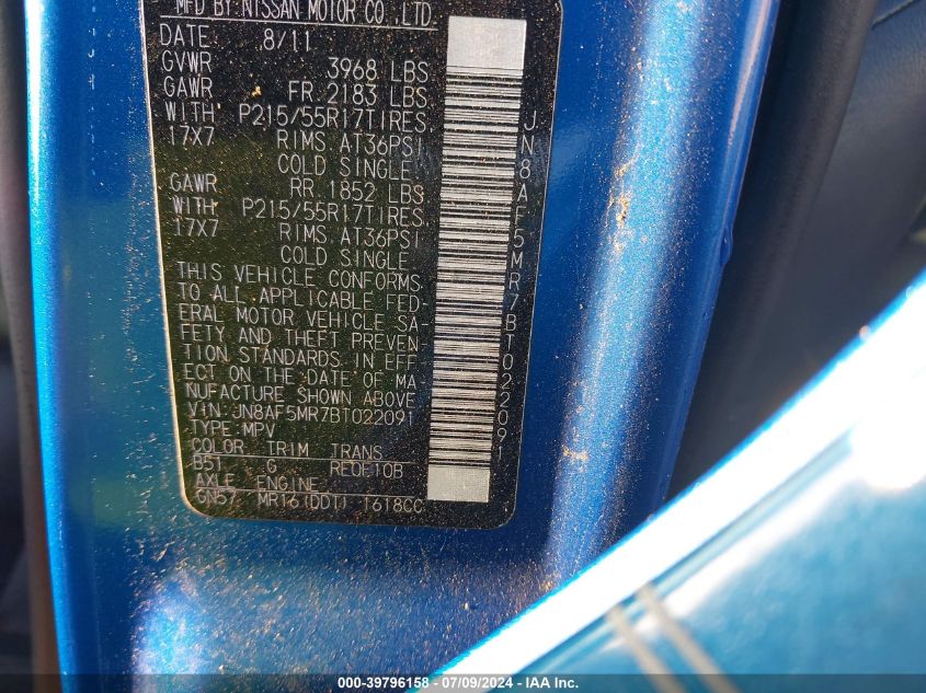 2011 Nissan Juke Sl VIN: JN8AF5MR7BT022091 Lot: 39796158