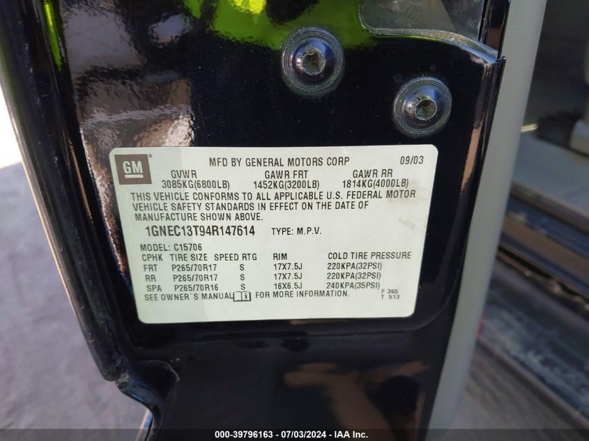 2004 Chevrolet Tahoe Lt VIN: 1GNEC13T94R147614 Lot: 39796163