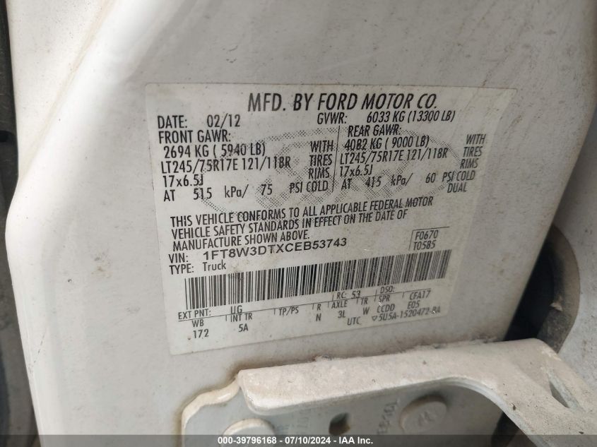 2012 Ford F-350 Lariat VIN: 1FT8W3DTXCEB53743 Lot: 39796168