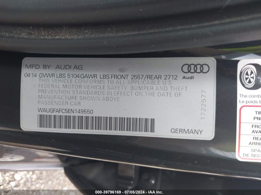 2014 Audi A6 2.0T Premium VIN: WAUGFAFC5EN149550 Lot: 39796169